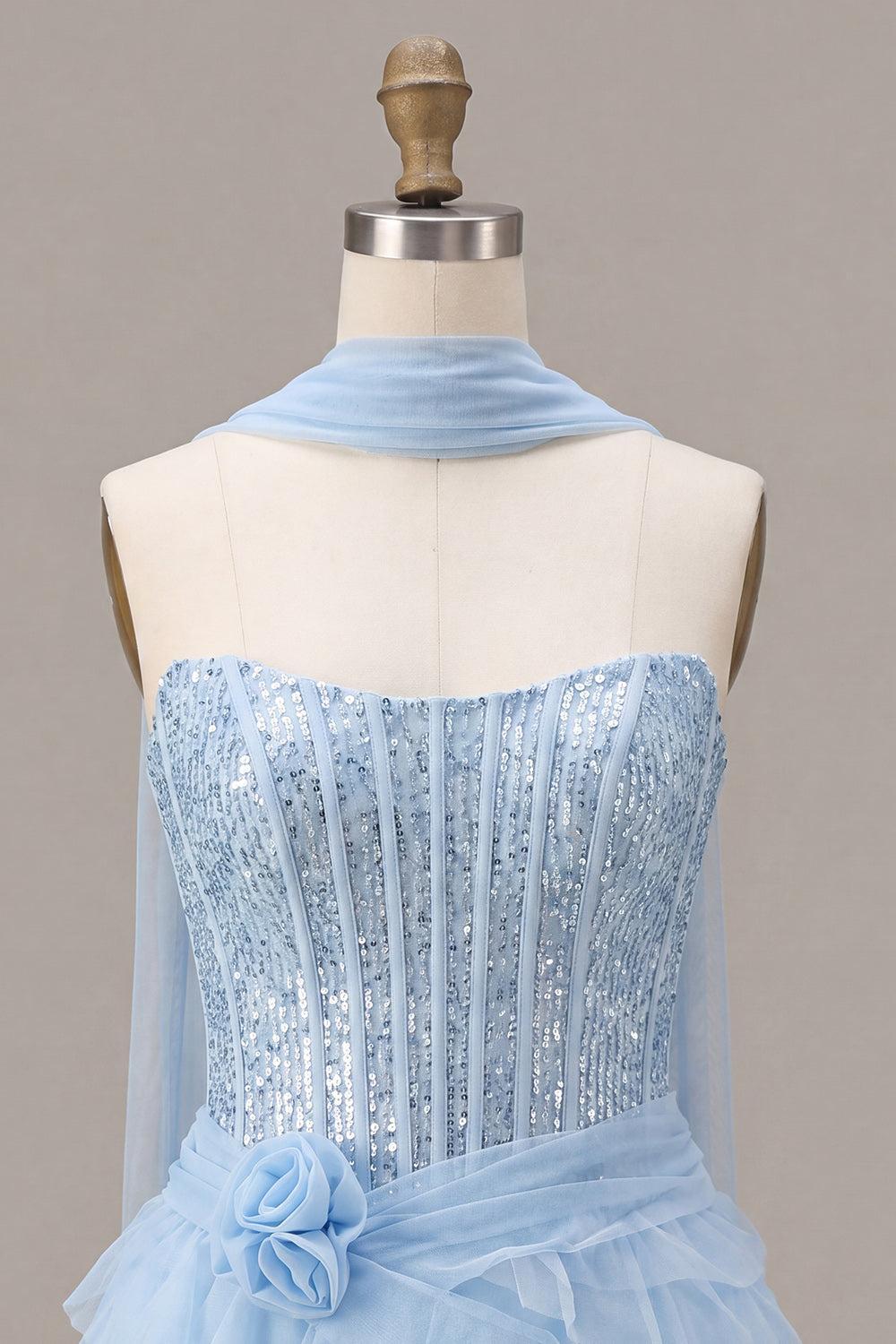 Suzhoufashion Sky Blue Corset Tiered Sequin Ruffled Short Homecoming Dress