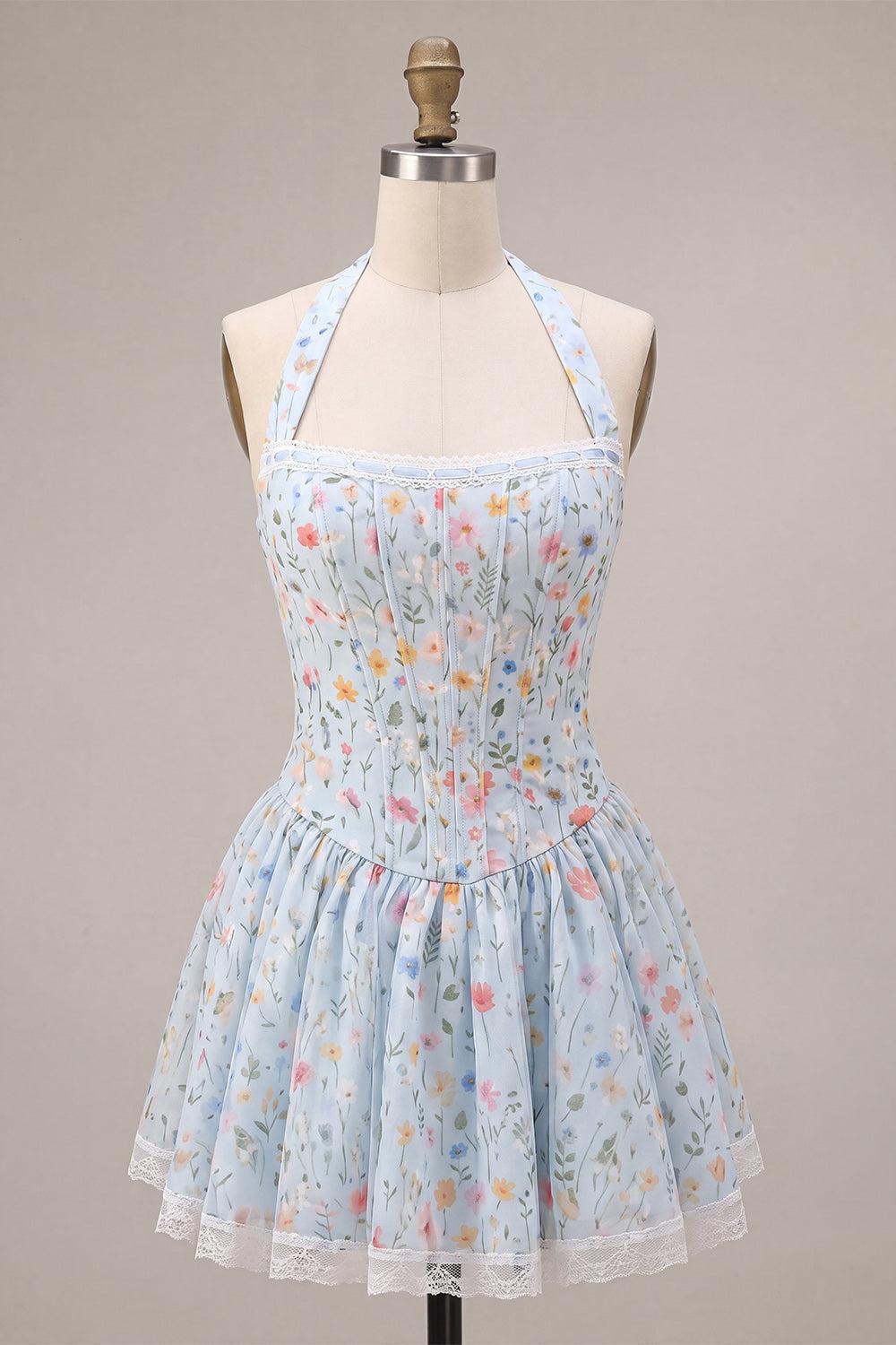 Suzhoufashion Sky Blue Floral A Line Halter Corset Short Homecoming Dress with Lace