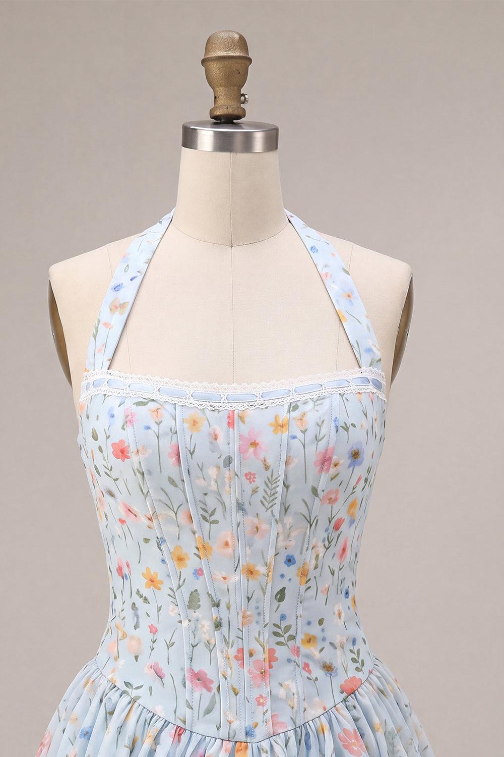 Suzhoufashion Sky Blue Floral A Line Halter Corset Short Homecoming Dress with Lace