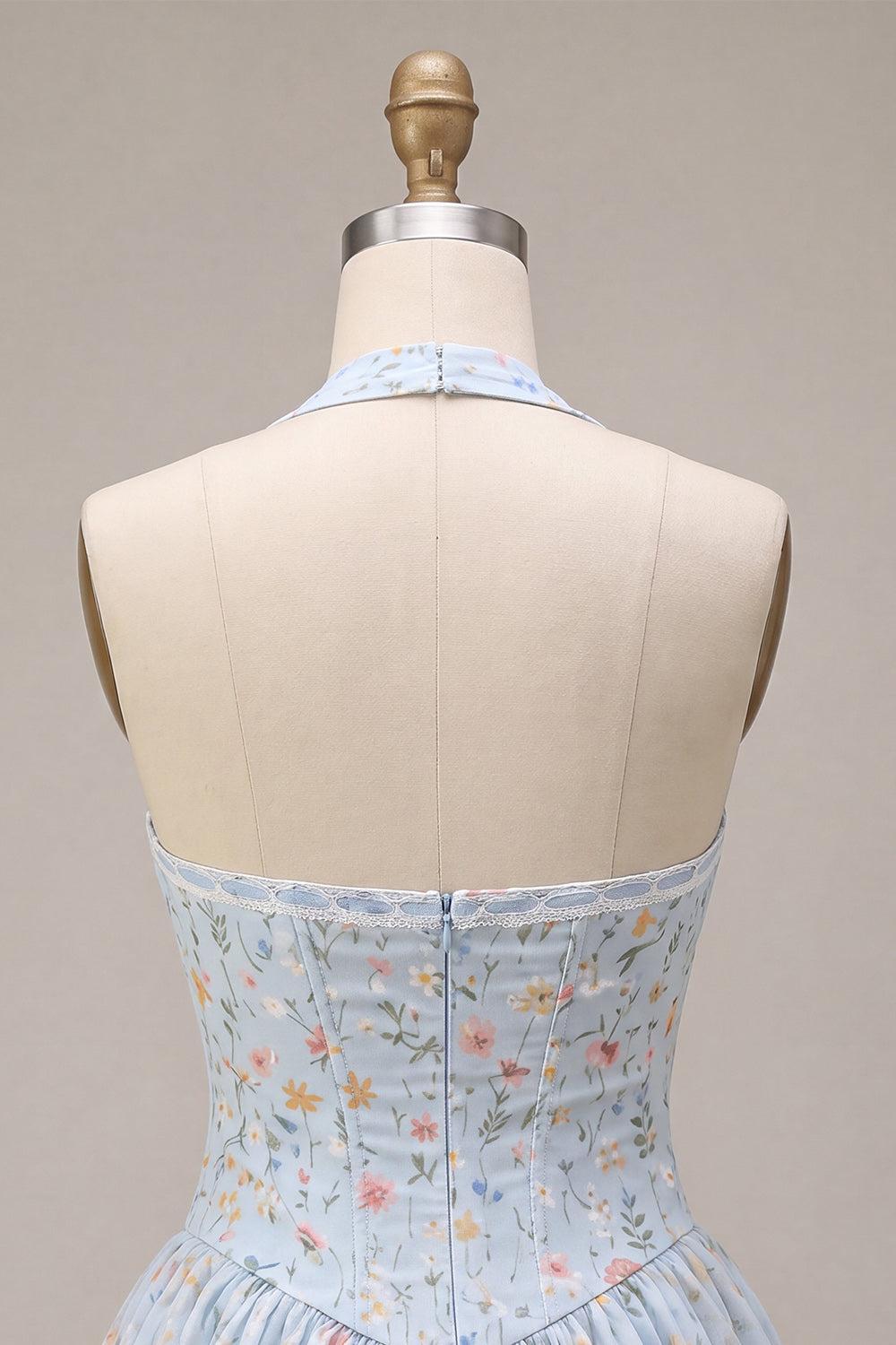 Suzhoufashion Sky Blue Floral A Line Halter Corset Short Homecoming Dress with Lace