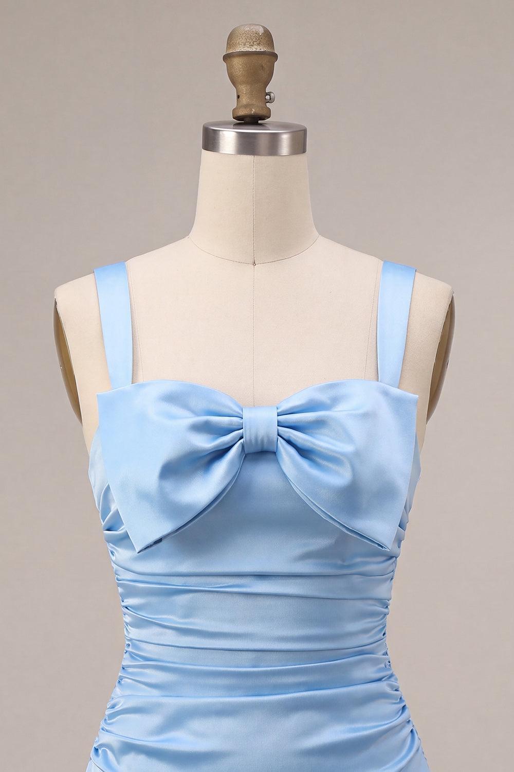 Suzhoufashion Sky Blue Satin Ruched A Line Short Homecoming Dress with Bow