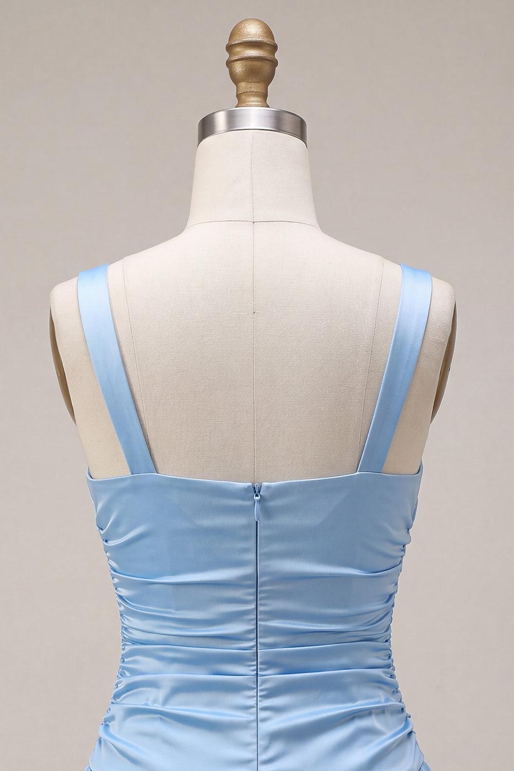 Suzhoufashion Sky Blue Satin Ruched A Line Short Homecoming Dress with Bow