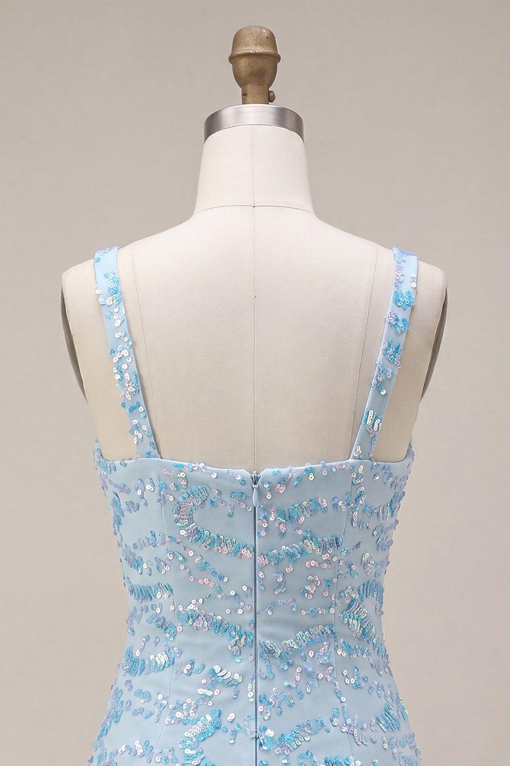 Suzhoufashion Sky Blue Tight Sequin Short Homecoming Dress with Slit