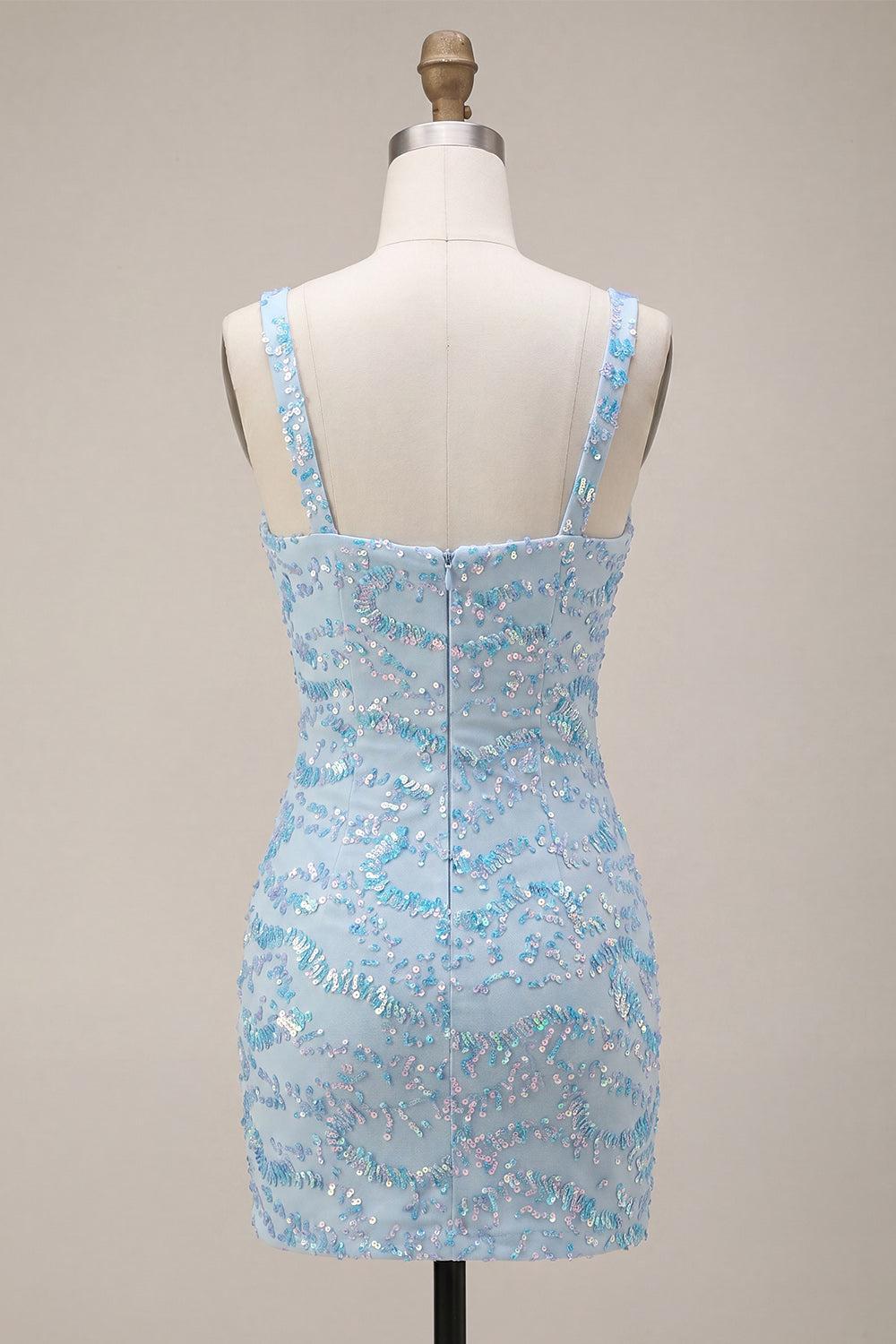 Suzhoufashion Sky Blue Tight Sequin Short Homecoming Dress with Slit