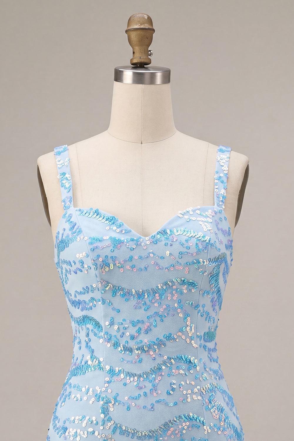 Suzhoufashion Sky Blue Tight Sequin Short Homecoming Dress with Slit