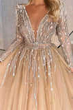 Suzhoufashion Sparkly V-neck Ball Gown Prom Dresses With Beads A-line Long Sleeves