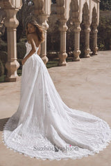 Suzhoufashion Strapless Beach Wedding Dress Corset Lace Appliques Bridal Gown with Detachable Train