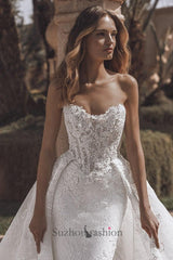 Suzhoufashion Strapless Beach Wedding Dress Corset Lace Appliques Bridal Gown with Detachable Train