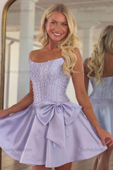 Suzhoufashion Strapless Beaded Homecoming Dress A Line Sleeveless Short Party Dress with Bowknot