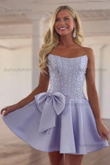 Suzhoufashion Strapless Beaded Homecoming Dress A Line Sleeveless Short Party Dress with Bowknot