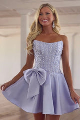 Suzhoufashion Strapless Beaded Homecoming Dress A Line Sleeveless Short Party Dress with Bowknot