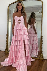 Suzhoufashion Strapless Hot A-Line Prom Dress With Keyhole Bodice Ruffle Skirt Slit And Lace Up Back Formal Evening Gown