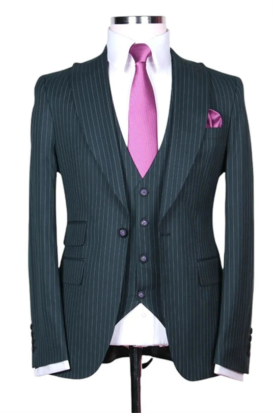 Suzhoufashion Striped Peaked Lapel Green Three Pieces Wedding Men Suits