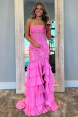 Suzhoufashion Stunning Mermaid Strapless Zipper Back Lace Corset Prom Dress With Ruffle Skirt Formal Evening Gown