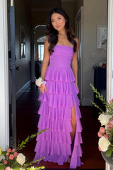 Suzhoufashion Stylish A Line Strapless Purple Long Prom Dress With Ruffles Split Front Formal Evening Gown