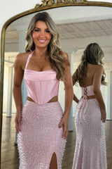 Suzhoufashion Stylish Blush Pink Halter Satin Top Two Piece Mermaid Prom Dress With Pearls Formal Evening Gown