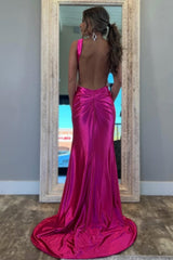 Suzhoufashion Stylish Fuchsia Metallic Mermaid Prom Dress With Slit And Open Back Formal Evening Gown