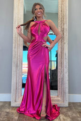 Suzhoufashion Stylish Fuchsia Metallic Mermaid Prom Dress With Slit And Open Back Formal Evening Gown