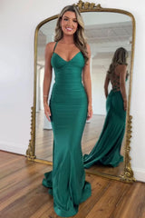 Suzhoufashion Stylish Mermaid Spaghetti Straps Green Long Satin Prom Dress With Lace Up Formal Evening Gown