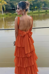 Suzhoufashion Sunset Orange Backless Tiered Ruffle Prom Dress With Oversized Bow Formal Evening Gown