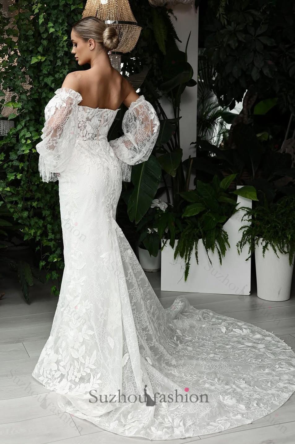 Suzhoufashion Sweetheart Beach Wedding Dress Long Sleeve Lace Appliques Mermaid Bridal Gown