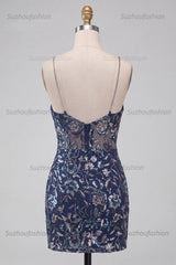 Suzhoufashion Tight Sequins Floral Navy Short Homecoming Dress with Slit