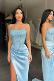 Suzhoufashion Trendy Sky blue Strapless Sequin Top High split Evening Prom Dresses