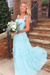 Suzhoufashion Trenidng A Line Sweetheart Blue Long Prom Dress With Ruffles Formal Evening Gown