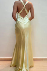 Suzhoufashion V-Neck Cross Back Yellow Satin Prom Gown With Ruched Detailing Formal Evening Gown
