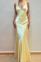 Suzhoufashion V-Neck Cross Back Yellow Satin Prom Gown With Ruched Detailing Formal Evening Gown
