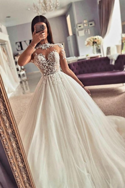 Suzhoufashion Vintage Jewel Lace A-Line Tulle Wedding Dresses With Long Sleeves