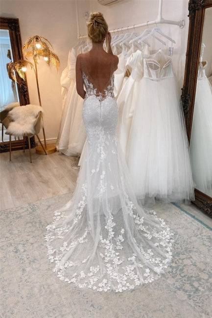 Suzhoufashion Vintage White Long Mermaid V-Neck Lace Wedding Dresses