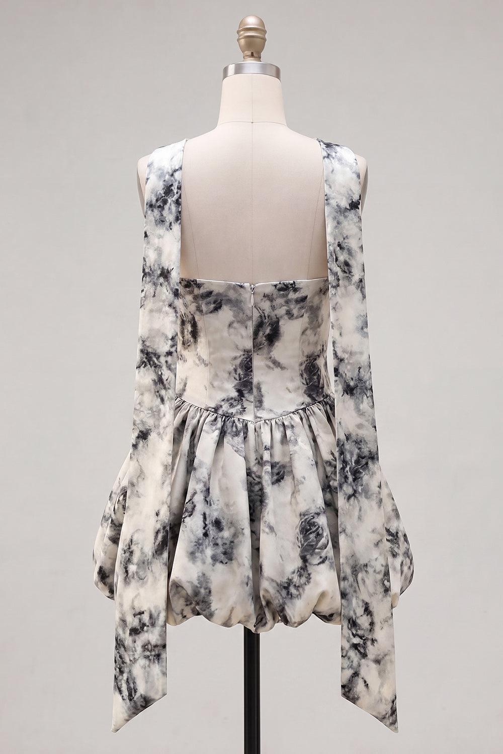 Suzhoufashion White & Black Floral Strapless Keyhole A-Line Short Homecoming Dress