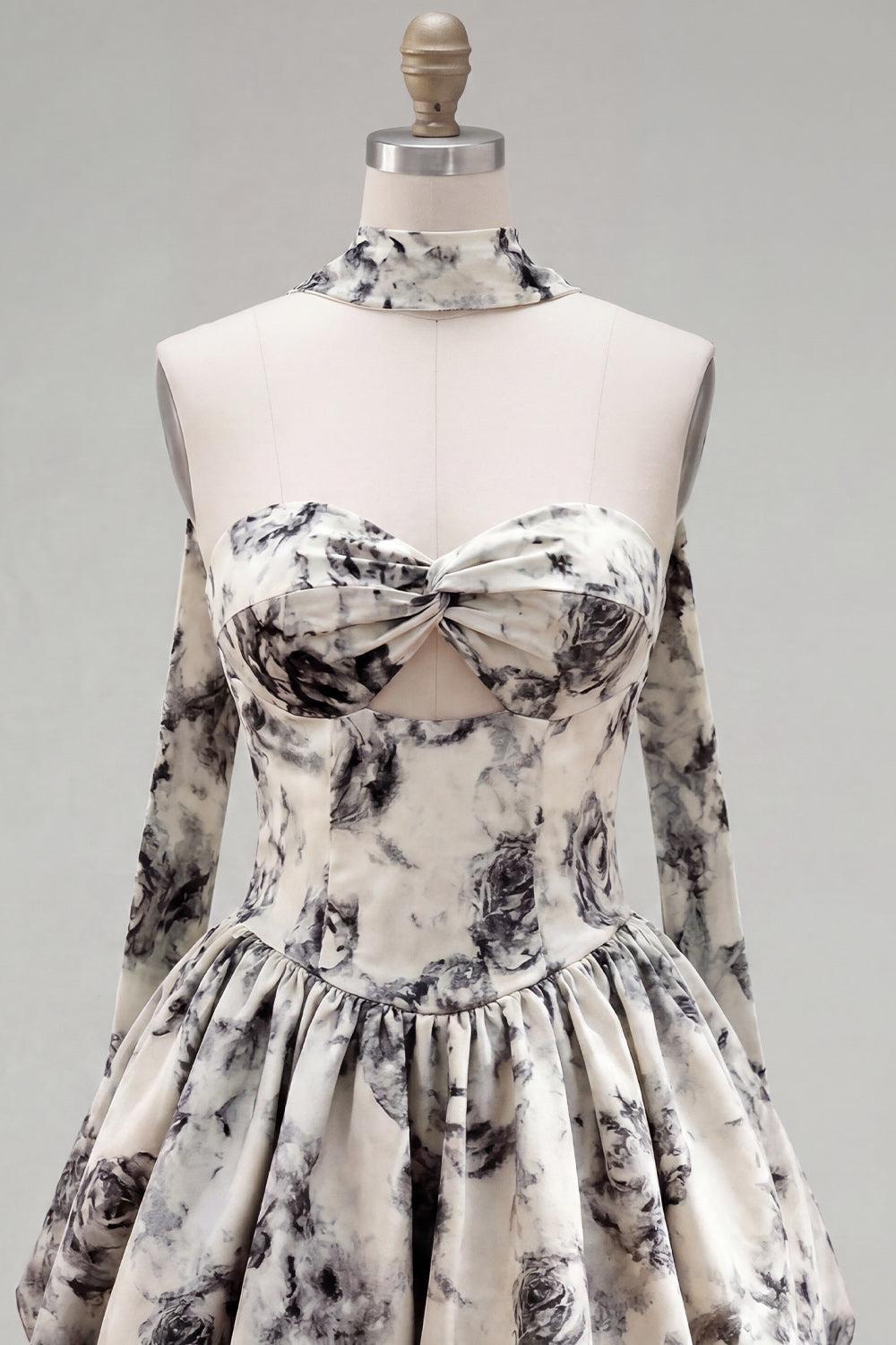 Suzhoufashion White & Black Floral Strapless Keyhole A-Line Short Homecoming Dress