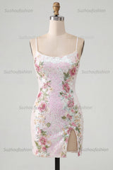 Suzhoufashion White Floral Spaghetti Straps Tight Short Homecoming Dress with Slit