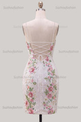 Suzhoufashion White Floral Spaghetti Straps Tight Short Homecoming Dress with Slit