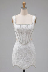 Suzhoufashion White Floral Square Neck Cut-Out Corset Tight Short Homecoming Dress
