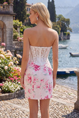 Suzhoufashion White & Fuchsia Floral Sweetheart Lace Corset Tight Short Homecoming Dress