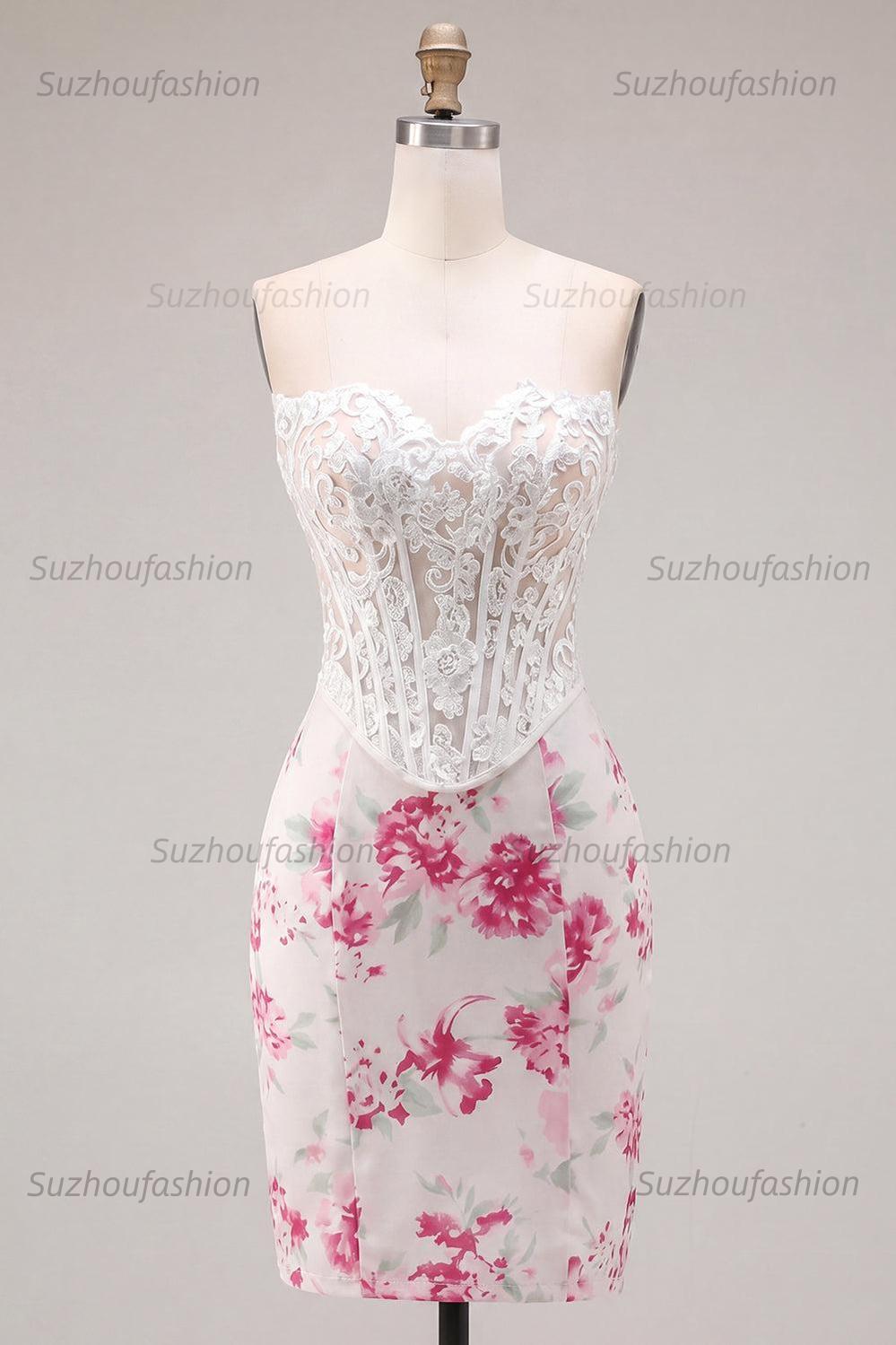 Suzhoufashion White & Fuchsia Floral Sweetheart Lace Corset Tight Short Homecoming Dress