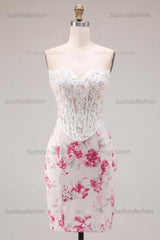 Suzhoufashion White & Fuchsia Floral Sweetheart Lace Corset Tight Short Homecoming Dress