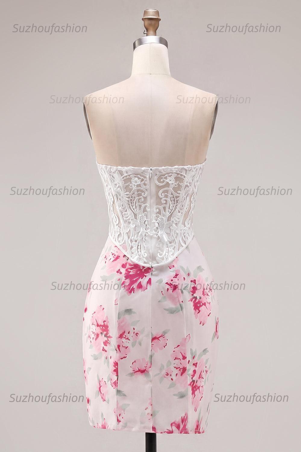 Suzhoufashion White & Fuchsia Floral Sweetheart Lace Corset Tight Short Homecoming Dress