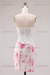 Suzhoufashion White & Fuchsia Floral Sweetheart Lace Corset Tight Short Homecoming Dress