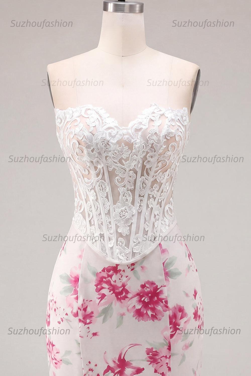 Suzhoufashion White & Fuchsia Floral Sweetheart Lace Corset Tight Short Homecoming Dress