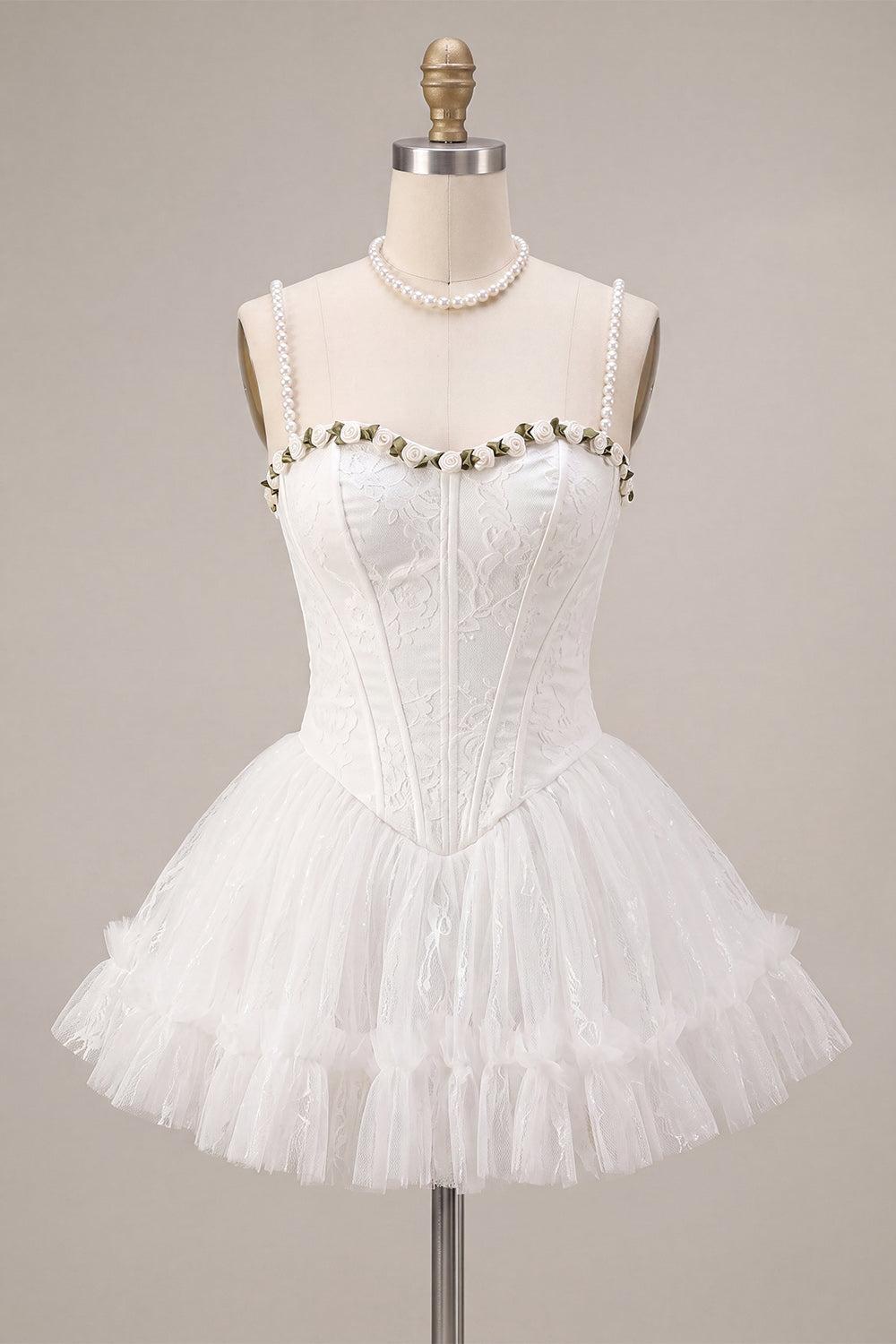 Suzhoufashion White Lace A-Line Corset Short Homecoming Dress with 3D Flowers