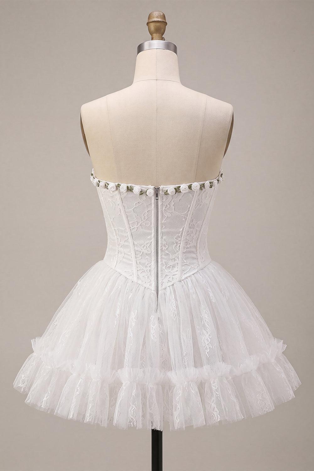 Suzhoufashion White Lace A-Line Corset Short Homecoming Dress with 3D Flowers