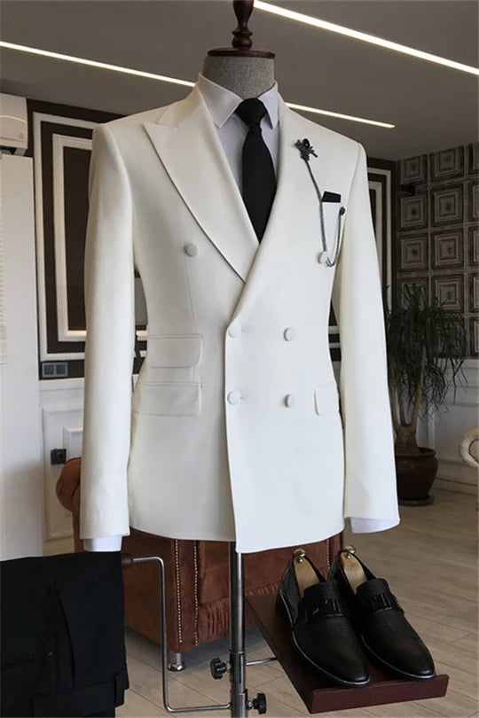 Suzhoufashion White Peaked Lapel Double Breasted Slim Fit Bespoke Men Suits