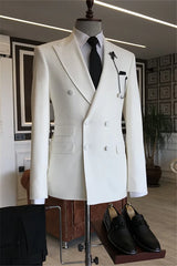 Suzhoufashion White Peaked Lapel Double Breasted Slim Fit Bespoke Men Suits