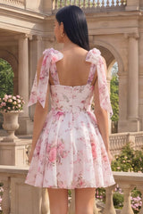 Suzhoufashion White & Pink Floral A-Line Short Homecoming Dress with Bows