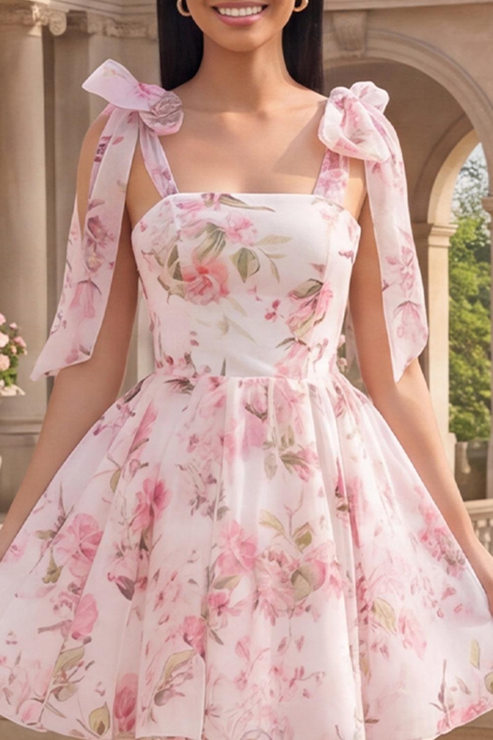 Suzhoufashion White & Pink Floral A-Line Short Homecoming Dress with Bows