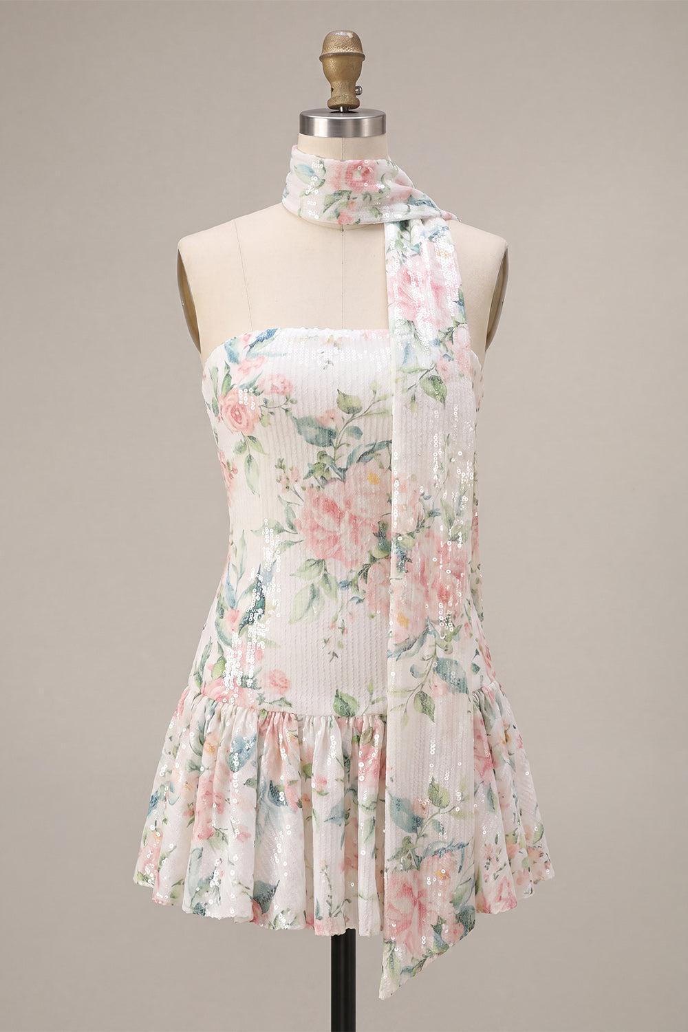 Suzhoufashion White Pink Flower A-Line Sequin Short Homecoming Dress with Neck Scarf